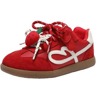 百丽儿童鞋红色新年阿甘德训鞋女中童鞋新款魔术贴板鞋子L2015A86