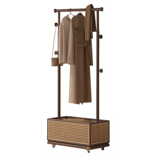 实木复古衣帽架可移动黑胡桃木家用脏衣篓挂衣架大容量卧室衣架