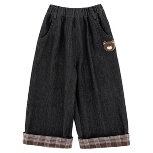 幼悠男童加绒加厚格子拼布牛仔裤冬季环保不易褪色贴布绣直筒裤子