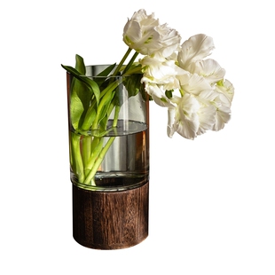 掬涵轻奢木托玻璃花瓶高档客厅插花鲜花水养透明花器干花餐桌摆件