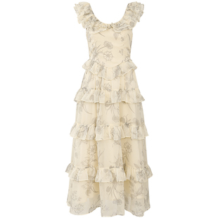 从那以后法式风小飞袖蛋糕裙碎花连衣裙夏长款裙子吊带长裙女夏季