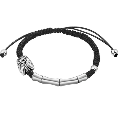 老银匠s999足银竹节手链男做旧上岸蝉鸣新中式国风编织绳纯银手绳