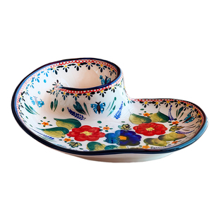 饺子盘家用2026新款手绘高颜值带醋碟蘸料盘特别好看的分格盘子