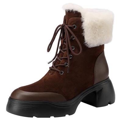 羊皮拼接防水台粗高跟羊羔毛短靴