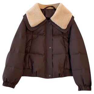 高级感黑色羊羔毛娃娃翻领短款羽绒服女士2025冬季新款小个子外套