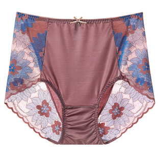 丝滑绸缎内裤女桑蚕丝裆花卉蕾丝女士大码性感新款高腰收腹三角裤
