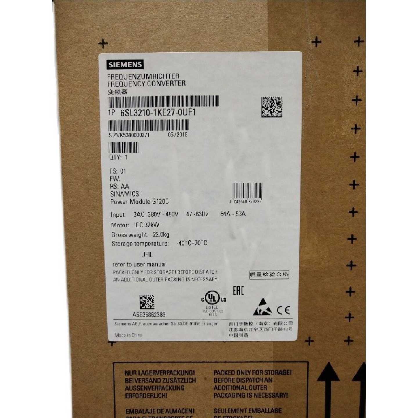 议价6SL3210-1KE27-0UF1西门子G120C变频器37kW功率6SL32101KE270