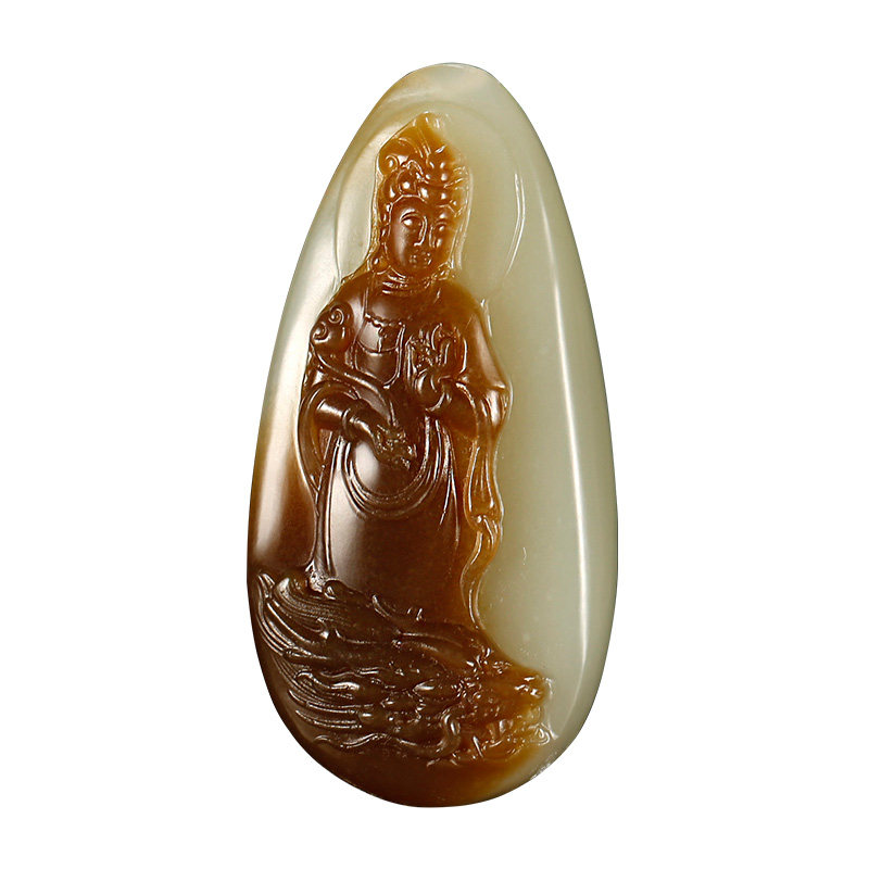 玉友和田玉观音吊坠男款玉坠糖青白站龙观自在菩萨玉石玉器挂件DY