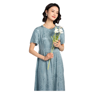 佐尔美高质感 花萝提花桑蚕丝真丝碎花圆领短袖连衣裙女E22LS33