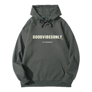 oversize字母深灰色连帽卫衣女潮ins秋冬加绒宽松大码带帽子外套