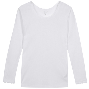 香港鸡仔唛美国进口比马棉女内衣长袖花边领打底紧身修身圆领上衣