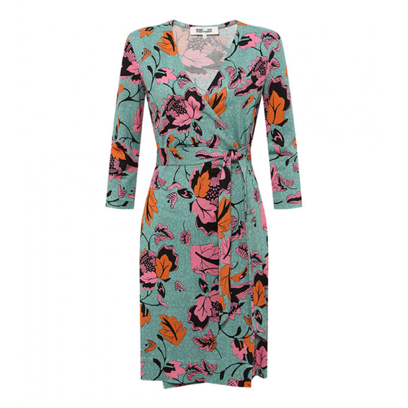 DI DVF2023春夏新品 丽花图案V领七分袖裹身连衣裙