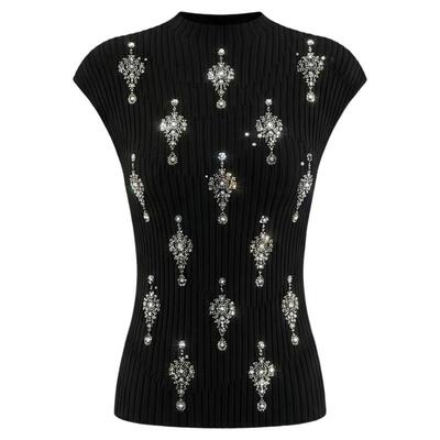 TCH烫钻水滴吊坠针织衫女黑色半高领无袖修身坑条上衣T78A09E1200