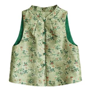 艾绘馆新中式文艺复古织锦马甲背心女秋冬季盘扣对襟立领马夹坎肩