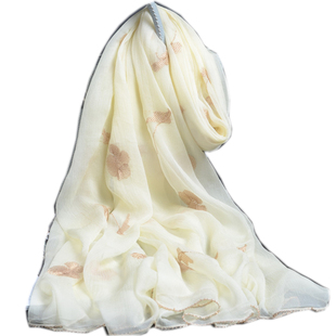 专柜正品刺绣真丝围巾女长款春秋冬季披肩真丝桑蚕丝巾时尚淡黄色