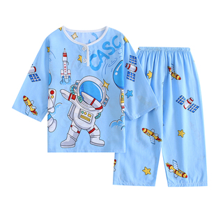 夏季棉绸儿童睡衣男女童小孩薄款长袖家居服套装绵绸太空人空调服