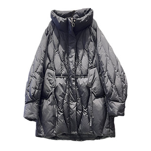 反季中长款羽绒服女立领龟背外套加大码飘带休闲女装竖纹菱格冬衣