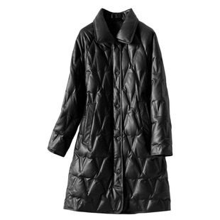 海宁真皮羽绒服女外套中长款翻领黑色显瘦90白鸭绒冬加厚绵羊皮衣