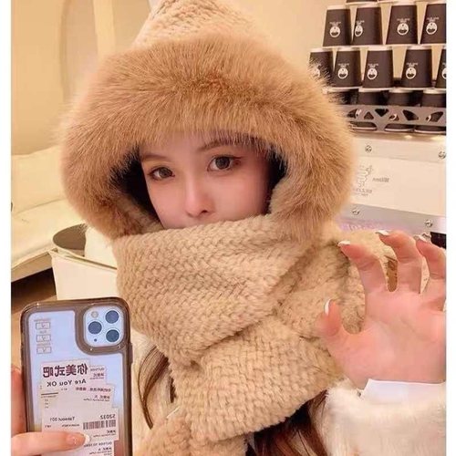 东北零下40度防寒帽子围巾一体女冬季加厚保暖骑车防风帽加绒护耳