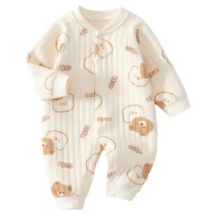 婧麒新生婴儿衣服秋冬季初生宝宝连体衣纯棉夹棉加厚哈衣爬服冬装