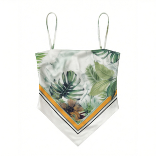 Printed irregular lace-up halter straps印花不规则系带露背T恤