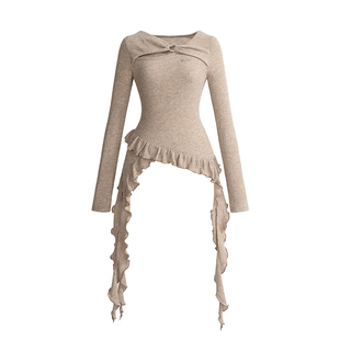 【25年秋】UNIFREEPLUS大码不规格长袖T恤女飘带修身小众甜妹上衣