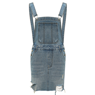 MaisonWester夏季江疏影同款蓝色牛仔背带裙破坏裙可露丽穿搭