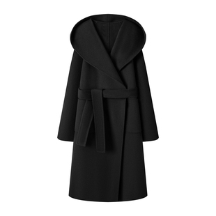 黑色连帽双面羊绒大衣女中长款2025秋冬新款高级感气质羊毛呢外套