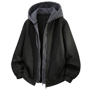 男士黑色假两件连帽卫衣男款春季美式高街设计感上衣外套2026新款