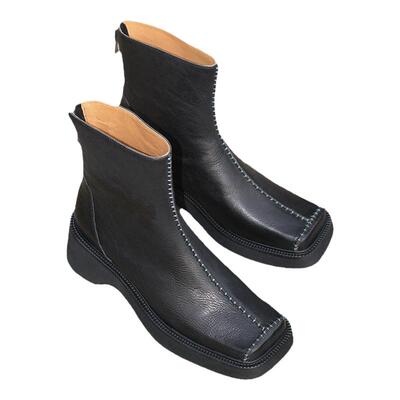 补丁方头坡跟厚底短靴靴子