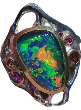 ninisn吉祥如意925银澳大利亚欧泊戒指 高浓度晕彩色斑天然opal女