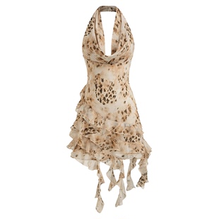 CIDER 挂脖豹纹层叠不对称褶边迷你连衣裙女装114730964