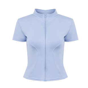九麦一品瑜伽服女紧身上衣t恤运动短袖跑步普拉提立领拉链健身服