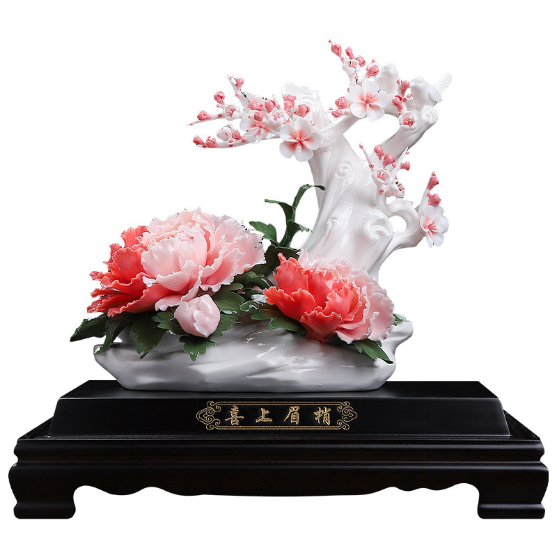 喜上眉梢｜陶瓷牡丹梅花摆件礼物