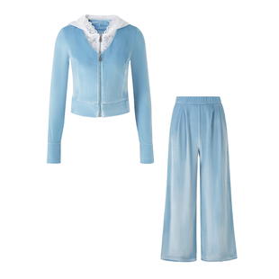雅乔【华丽派对】2025新款冬蕾丝假两件丝绒卫衣阔腿裤运动套装女