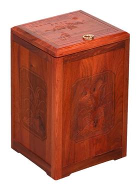 天纵缅甸花梨方形拉盖雕字垃圾筒