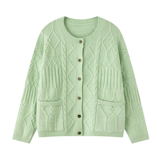 ASTRSK韩系甜美气质高级感短款薄荷绿立体麻花圆领针织毛衣开衫女