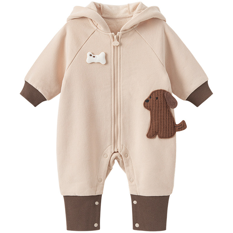 婴儿连帽卫衣服连体哈衣春秋冬季纯棉爬服宝宝抓绒保暖拉链外出服