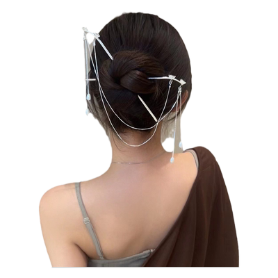 抖音同款双发簪珍珠花朵流苏链条高级感发钗古风双插银色金属簪子