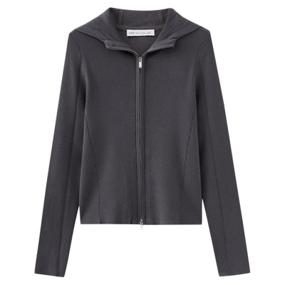 水云间深灰色毛针织开衫短款上衣女修身连帽外套叠穿长袖2025秋款