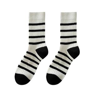黑色袜子女士中筒袜秋冬季2025新款纯棉运动条纹堆堆长袜配鲨鱼裤