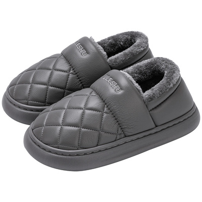 防水包跟棉拖鞋男款pu皮保暖防滑