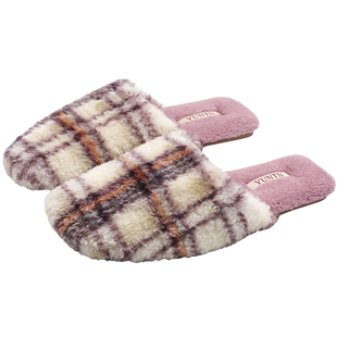 云团冬天格纹毛绒轻奢保暖毛毛软糯加绒棉拖鞋女防滑牛筋底居家男