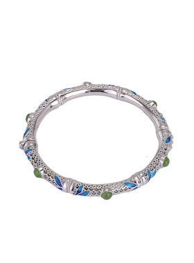 山予棠S925纯银和田玉碧玉国潮景泰蓝竹节竹叶镂空圆珠手镯银手环