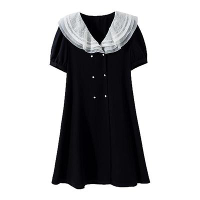 现货【会呼吸的面料】进口三醋酸 夏季蕾丝花边领双排扣连衣裙女