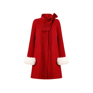 【柔软绵羊毛】CHICHY新年红色双面毛呢外套女冬新款宽松中长大衣