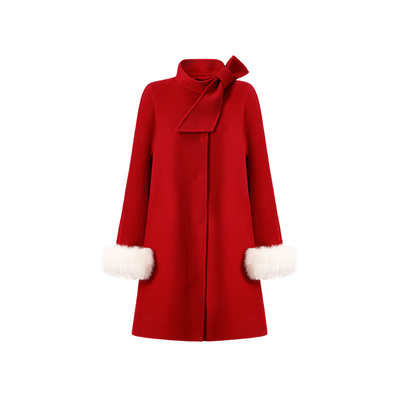CHICHY红色中长款毛呢大衣外套