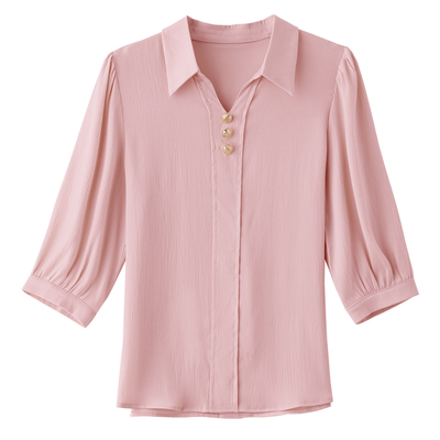 通勤风翻领七分袖衬衫女春夏新款洋气宽松杏色上衣妈妈中袖衬衣