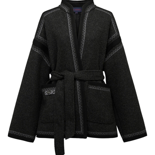 [唐嫣同款]EP雅莹25新款女装 系带收腰几何刺绣呢子外套短款1515A