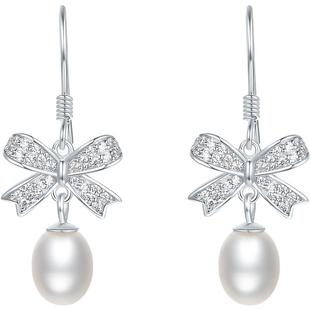 周六福淡水珍珠耳钉女蝴蝶结耳饰S925银优雅新年礼物送女友